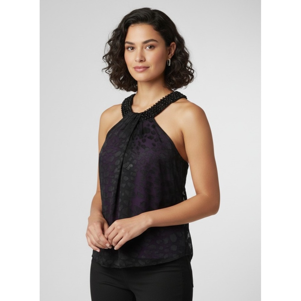 ECI Top Size 10 Black Purple Burnout‎ Bead Halter Party Glam Cocktail Whimsigoth